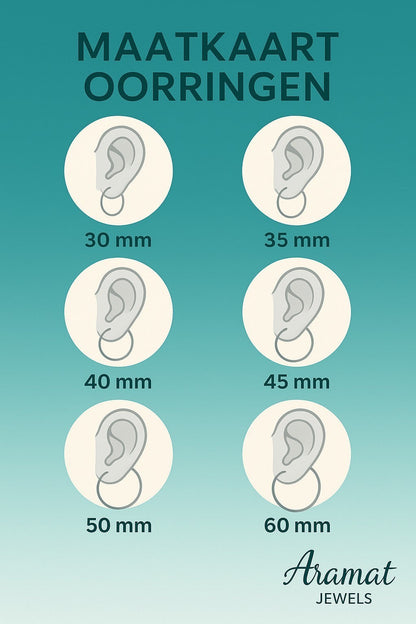 Aramat Jewels size chart for hoop earrings, showing different diameters from 30mm to 60mm.