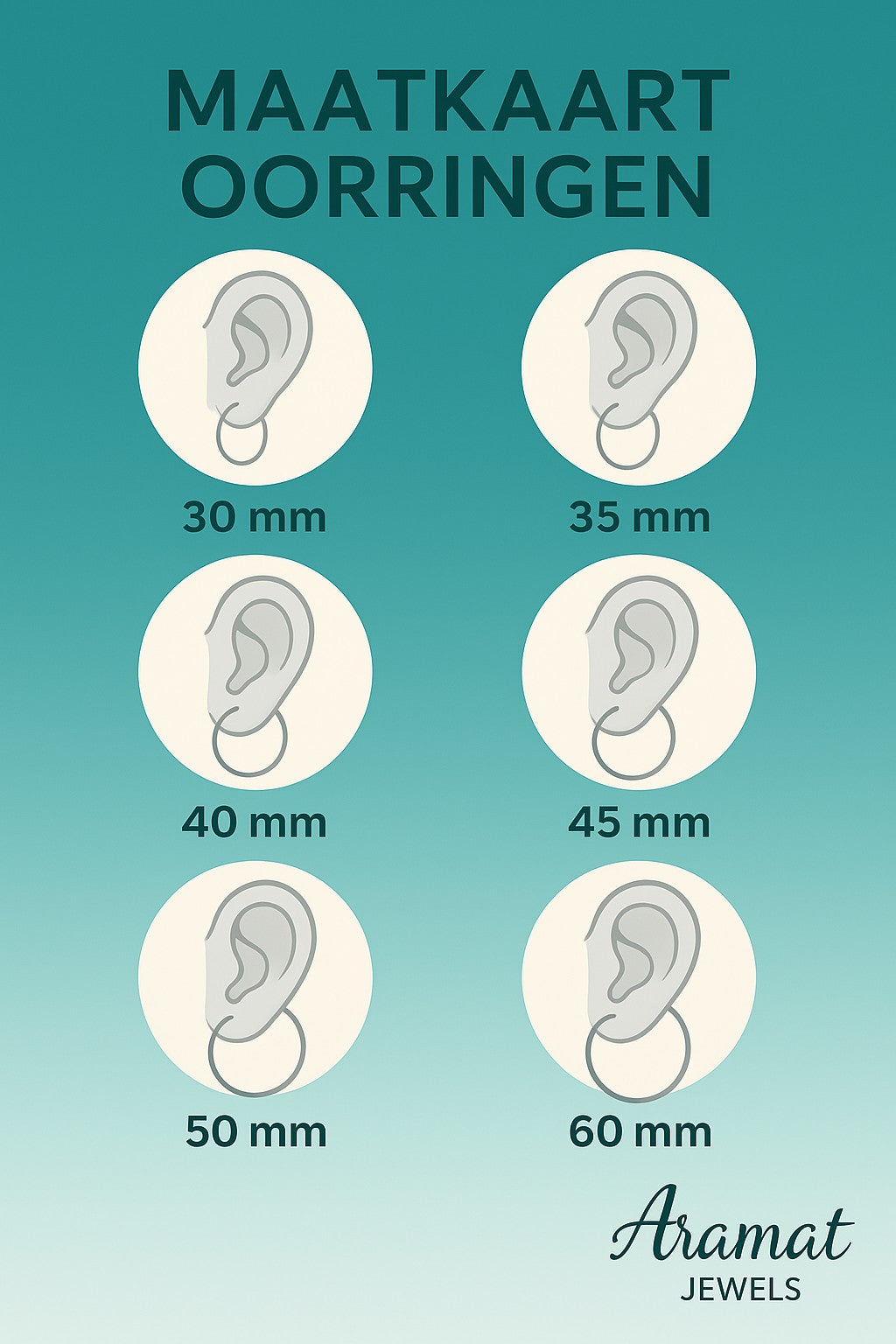Aramat Jewels size chart for earrings showing different hoop sizes from 30mm to 60mm.