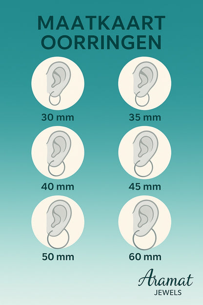 Aramat Jewels size chart for earrings showing different hoop sizes from 30mm to 60mm.