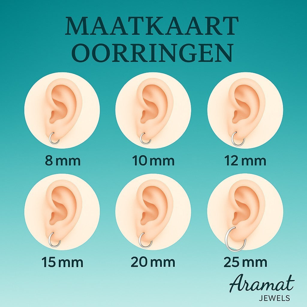 Aramat Jewels size chart showing hoop earring sizes from 8mm to 25mm on ears.
