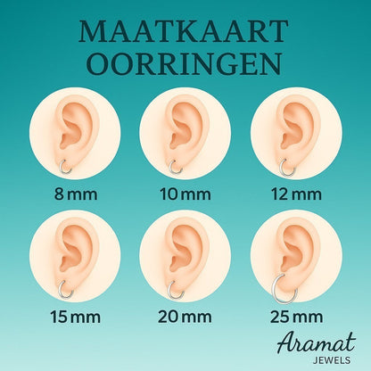 Aramat Jewels size chart for hoop earrings, showing 6 different sizes from 8mm to 25mm on ears.