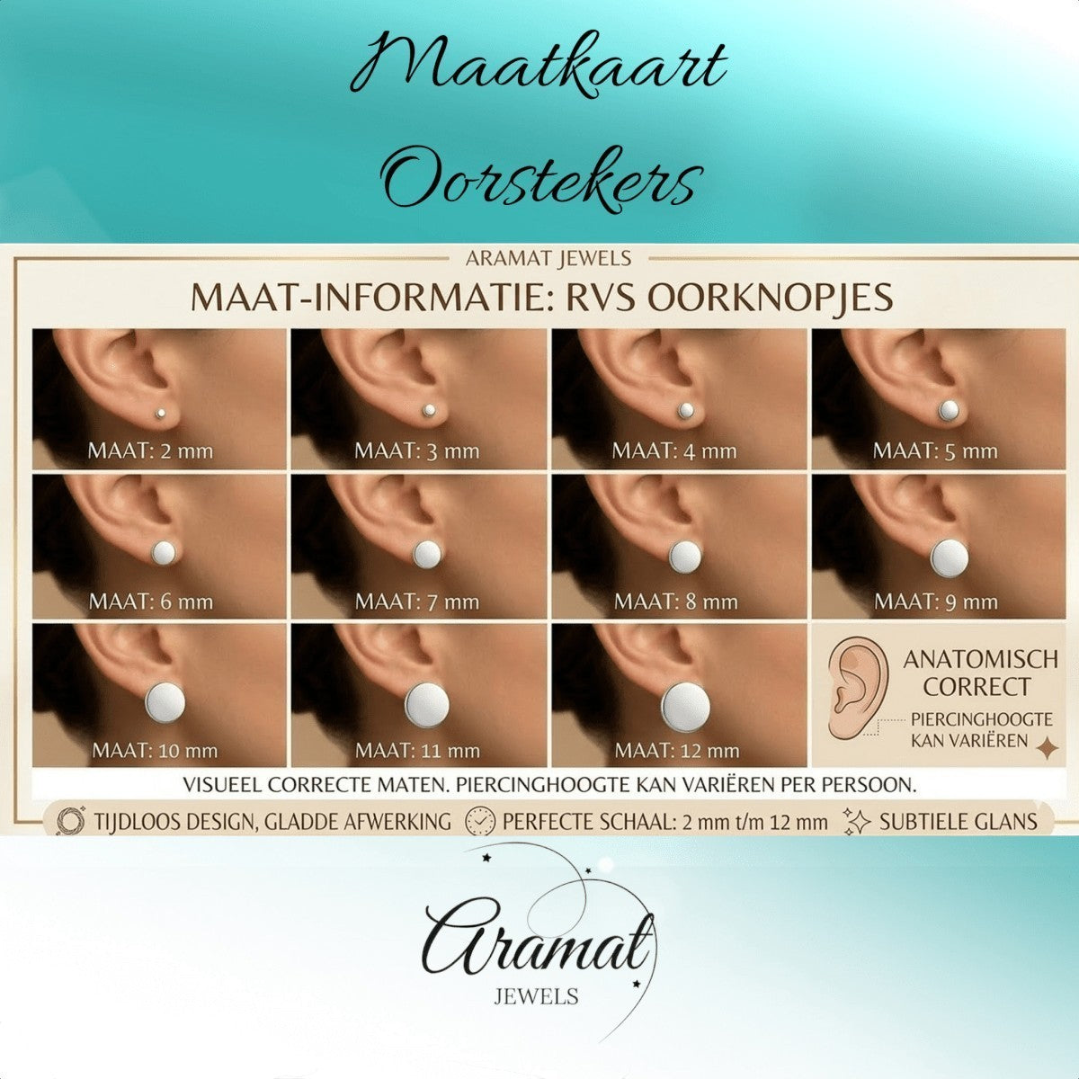 Aramat Jewels size chart for stud earrings, showing 12 different sizes from 2mm to 12mm on ears.
