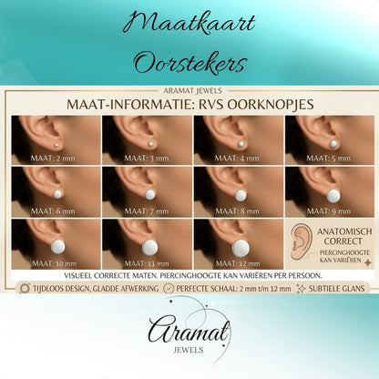 Aramat Jewels size chart for stud earrings, showing 12 different sizes from 2mm to 12mm on ears.