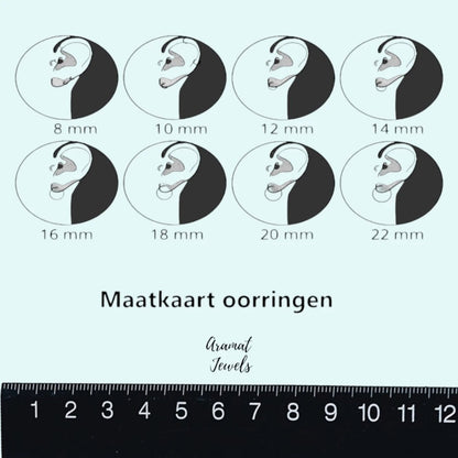 Aramat Jewels size chart for earrings showing different diameters from 8mm to 22mm with illustrations of earrings on ears.