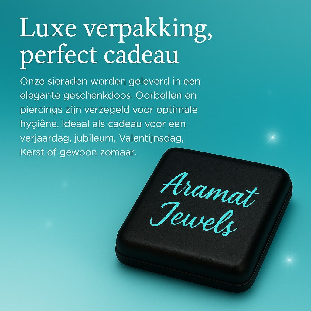 Aramat Jewels black gift box with turquoise logo, ideal for luxury packaging and perfect gifts.