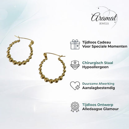 Aramat Jewels gold-tone stainless steel hoop earrings with a beaded design, 18mm diameter.
