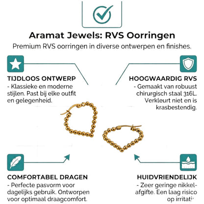 Aramat Jewels gold-colored stainless steel hoop earrings with a beaded design, 33mm drop shape.