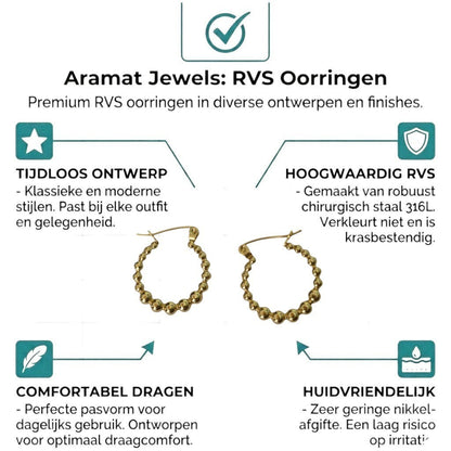 Aramat Jewels gold-tone stainless steel hoop earrings with a beaded design, 18mm diameter.