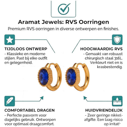 Aramat Jewels gold-tone mini hoop earrings with oval blue cubic zirconia stones and textured setting.