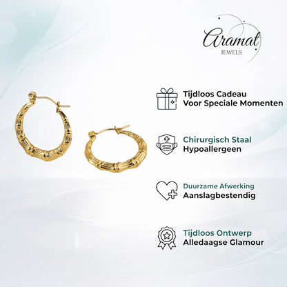 Aramat Jewels gold-coloured stainless steel hoop earrings with a bone-structure texture, 25mm diameter.