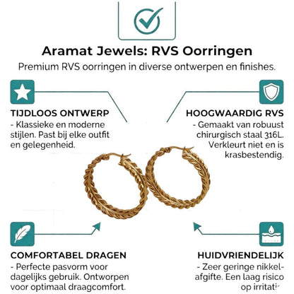 Aramat Jewels gold-tone stainless steel hoop earrings with a braided rope design, 35mm diameter.