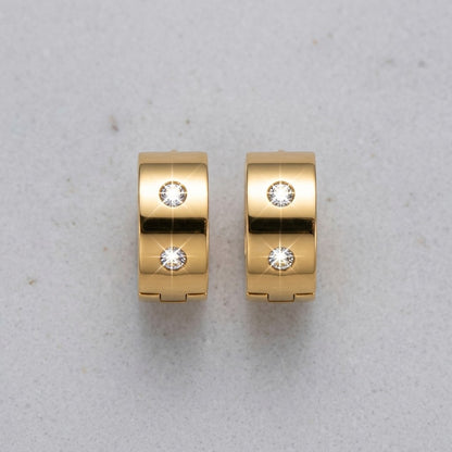Aramat Jewels gold-tone stainless steel hoop earrings with two clear cubic zirconia stones each, 13mm or 20mm diameter.