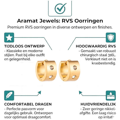 Aramat Jewels gold-tone stainless steel hoop earrings with two clear cubic zirconia stones, 13mm or 20mm diameter.