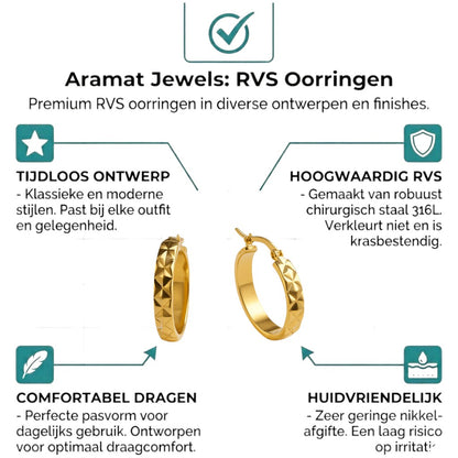 Aramat Jewels gold-tone stainless steel hoop earrings with a diamond-shaped pattern, 25mm diameter.