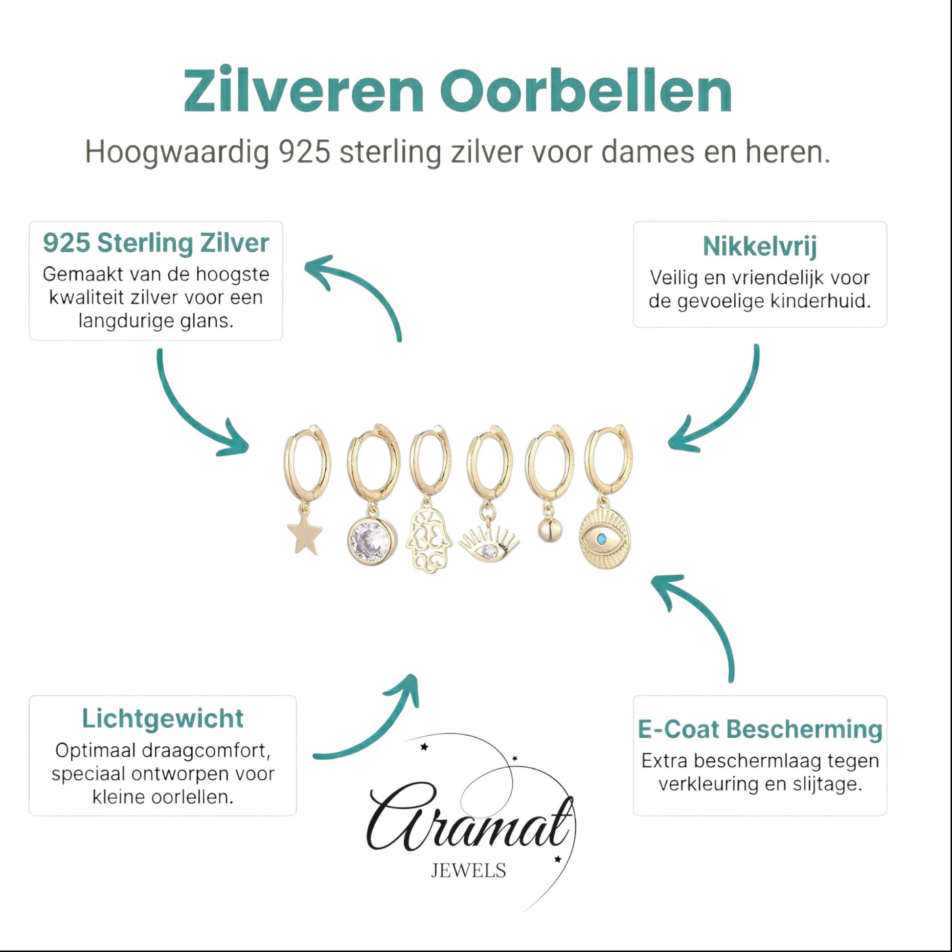 Aramat Jewels gold plated hoop earring set with star, crystal, hamsa hand, evil eye, bead, and eye charms.