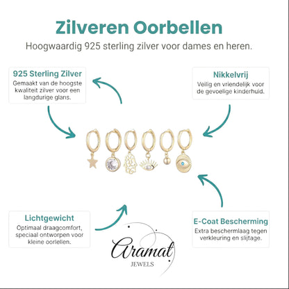 Aramat Jewels gold plated hoop earring set with star, crystal, hamsa hand, evil eye, bead, and eye charms.
