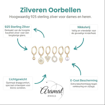 Aramat Jewels gold-plated hoop earring set with 6 charms: pearl, evil eye, triangle, sunburst, teardrop, and ball.