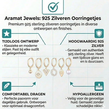 Aramat Jewels set of 6 gold-plated hoop earrings with charms: pearl, evil eye, triangle, sun, teardrop, and ball.