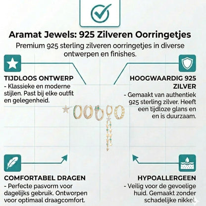 Aramat Jewels set of 5 gold-plated 925 silver earrings with stars, snakes, green stones, and chain links.