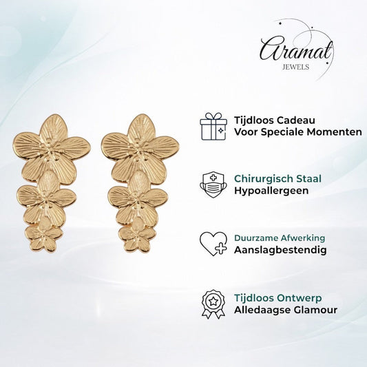Aramat Jewels gold-tone cascading flower statement earrings, 42x22mm, made of stainless steel.