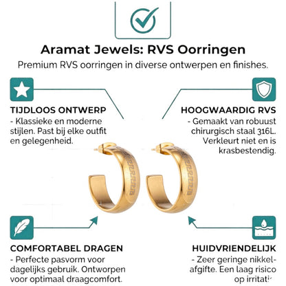 Aramat Jewels gold-tone stainless steel half-hoop earrings with Greek key pattern, 22mm diameter.