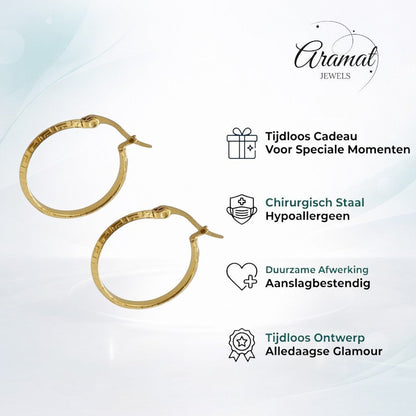 Aramat Jewels gold-colored stainless steel hoop earrings with Greek key pattern, 23mm diameter.