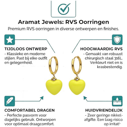 Aramat Jewels gold-colored stainless steel huggie hoop earrings with a yellow enamel heart charm.