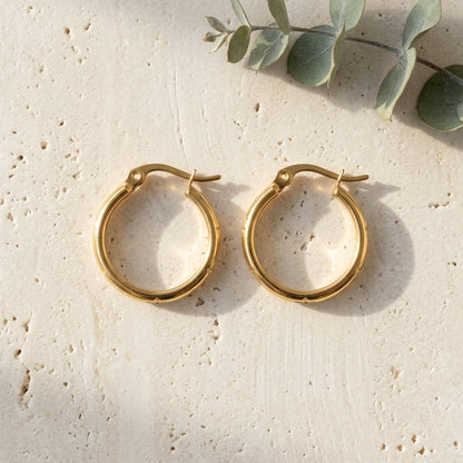 Aramat Jewels gold-tone stainless steel hoop earrings with anchor and star motif, 20mm diameter.