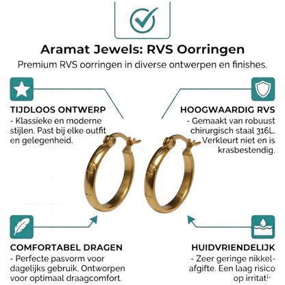 Aramat Jewels gold-tone stainless steel hoop earrings, 20mm, with engraved anchor and star motifs.
