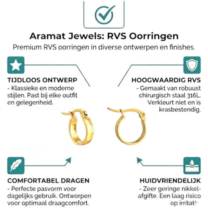 Aramat Jewels gold-tone stainless steel small hoop earrings with a subtle block pattern, 10mm diameter.