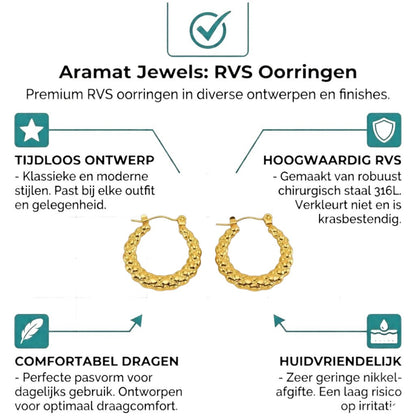 Aramat Jewels gold-tone stainless steel hoop earrings with a diamond pattern, 22mm diameter.