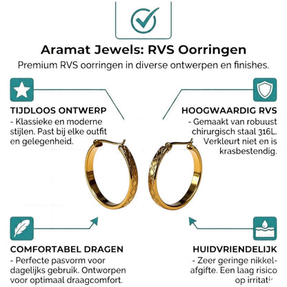 Aramat Jewels gold-tone stainless steel hoop earrings with a diamond pattern, 25mm diameter.