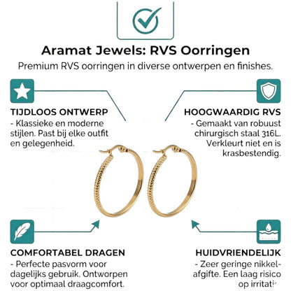 Aramat Jewels gold stainless steel hoop earrings with a textured dot pattern, 25mm diameter.