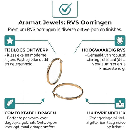 Aramat Jewels gold stainless steel hoop earrings with floral motif, 40mm diameter, hinge clasp.