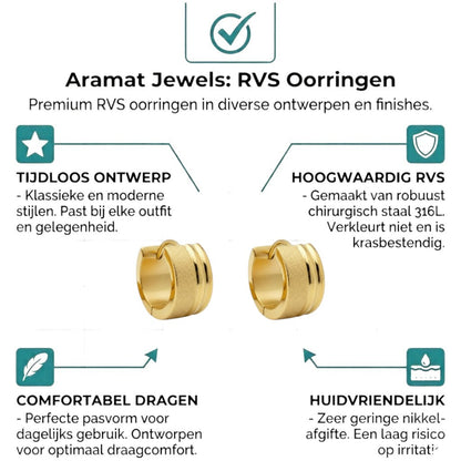 Aramat Jewels gold-tone stainless steel huggie hoop earrings with sandblasted and shiny stripes, 13x7mm.
