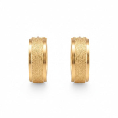 Aramat Jewels gold-tone stainless steel hoop earrings with sandblasted texture, 13mm or 20mm diameter.