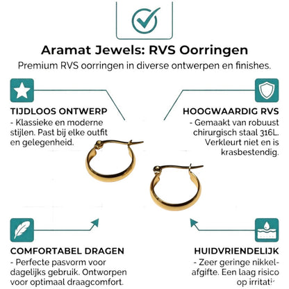 Aramat Jewels gold-tone stainless steel hoop earrings, 16, 20, or 25mm diameter, 4mm width, with hinge clasp.