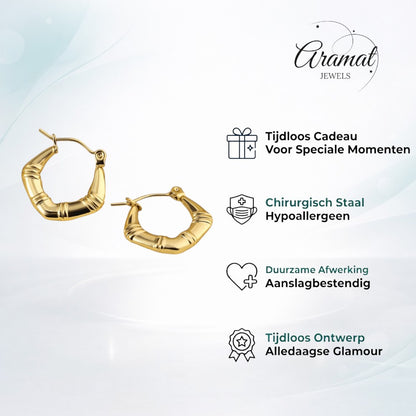 Aramat Jewels small gold-colored hoop earrings with a ribbed stripe pattern, 20mm diameter.