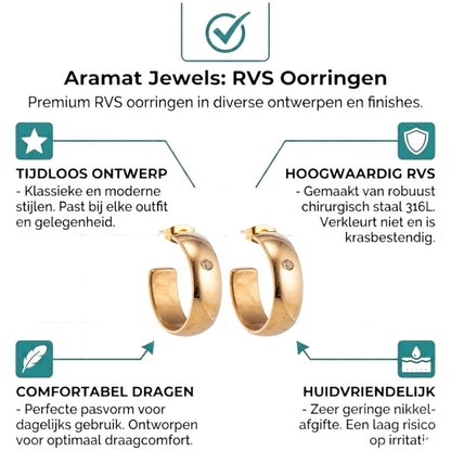 Aramat Jewels gold-tone stainless steel hoop earrings with a single clear zirconia accent. 23mm diameter, 7mm wide.
