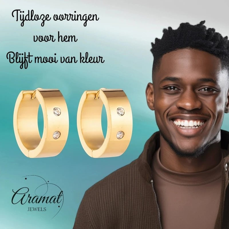 Aramat Jewels gold-tone stainless steel hoop earrings with two clear cubic zirconia stones, 13mm or 20mm diameter.