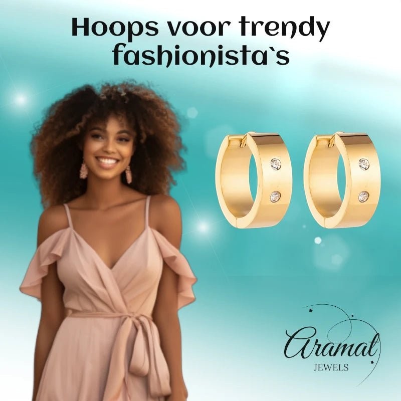 Aramat Jewels gold-tone stainless steel hoop earrings with double zirconia stones, 13mm or 20mm diameter.