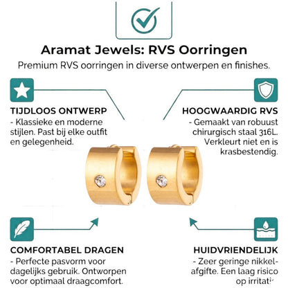 Aramat Jewels gold-colored wide stainless steel hoop earrings with a single clear cubic zirconia stone.