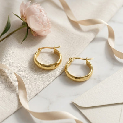 Aramat Jewels gold-tone stainless steel hoop earrings, 16mm, 20mm, or 25mm diameter, smooth polished finish, hinge clasp.