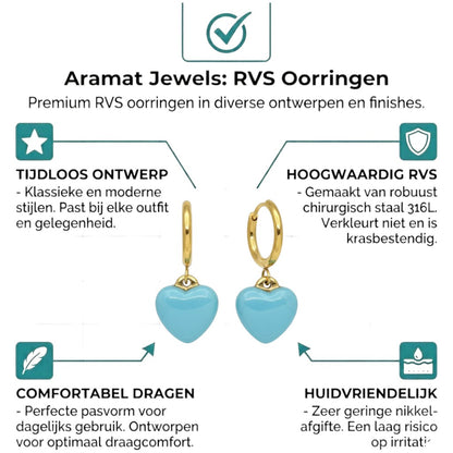 Aramat Jewels gold huggie hoop earrings with a light blue enamel heart charm. Stainless steel with a hinge closure.