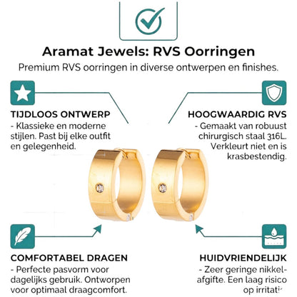 Aramat Jewels gold-tone stainless steel huggie hoop earrings with a single clear cubic zirconia stone.