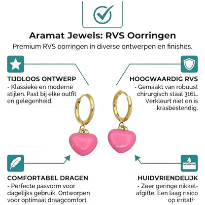 Aramat Jewels gold huggie hoop earrings with pink enamel heart charms.