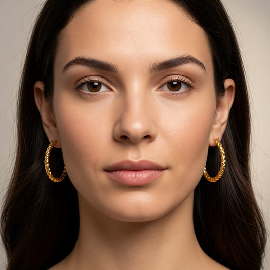 Aramat Jewels gold stainless steel 30mm hoop earrings with twisted rope design, worn by a woman.