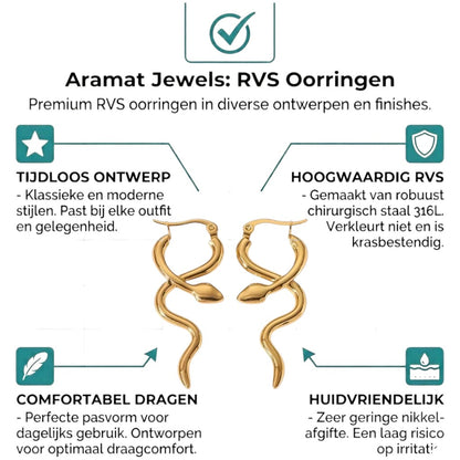 Aramat Jewels gold-tone stainless steel snake hoop earrings, 42mm, smooth finish, statement jewelry.