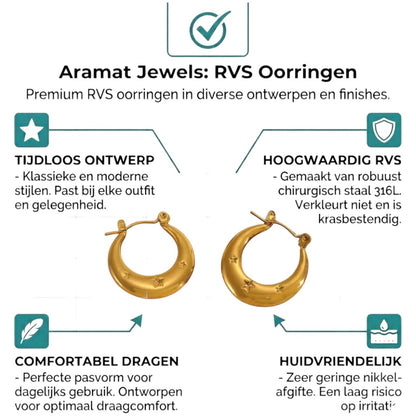 Aramat Jewels gold-colored stainless steel hoop earrings with engraved stars, 22x20mm, featuring a hinge closure.