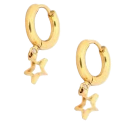 Aramat Jewels gold-tone stainless steel hoop earrings with open star charm. 10mm hoops with 6mm charm.